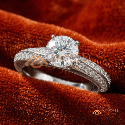 Round Brilliant Cut Ring with Double Row Pavé Band | 14k Gold, Rose Gold & Silver