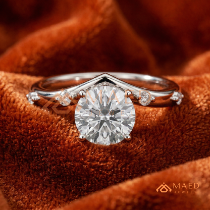 Round Cut Chevron Engagement Ring in Sterling Silver, 14K Gold & 14K Rose Gold