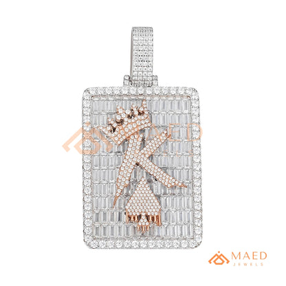 Iced Out King of Spades Dog Tag Pendant – 14K Gold, Rose Gold & Silver Baguette Custom "K" Charm