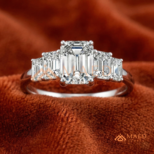 Five-Stone Emerald Cut Diamond Simulant Ring (14k White, Yellow, Rose Gold & Sterling Silver)