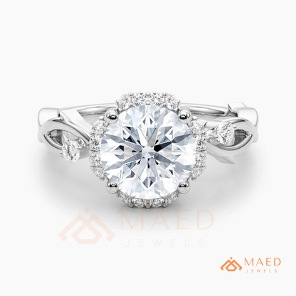 Round Cut Floral Halo Engagement Ring with Twisted Infinty Band in 14K Gold, Rose Gold & Silver
