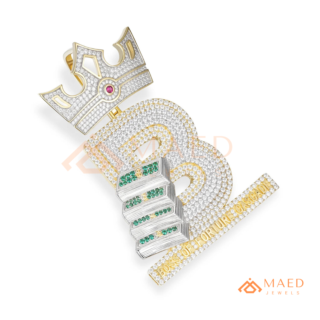 Custom Crown Initial "B" Money Stack Pendant in Sterling Silver & 14K Gold
