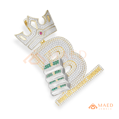 Custom Crown Initial "B" Money Stack Pendant in Sterling Silver & 14K Gold