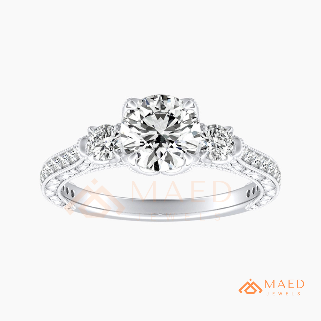 Vintage 3-Stone Round Engagement Ring in 14K Gold, Rose Gold & Silver | Antique Milgrain Pave Moissanite Ring for Women