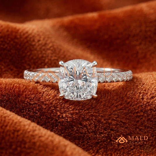 Brilliant Cushion Cut Engagement Ring | Pavé Diamond Band in 14K Gold, Rose Gold & Sterling Silver