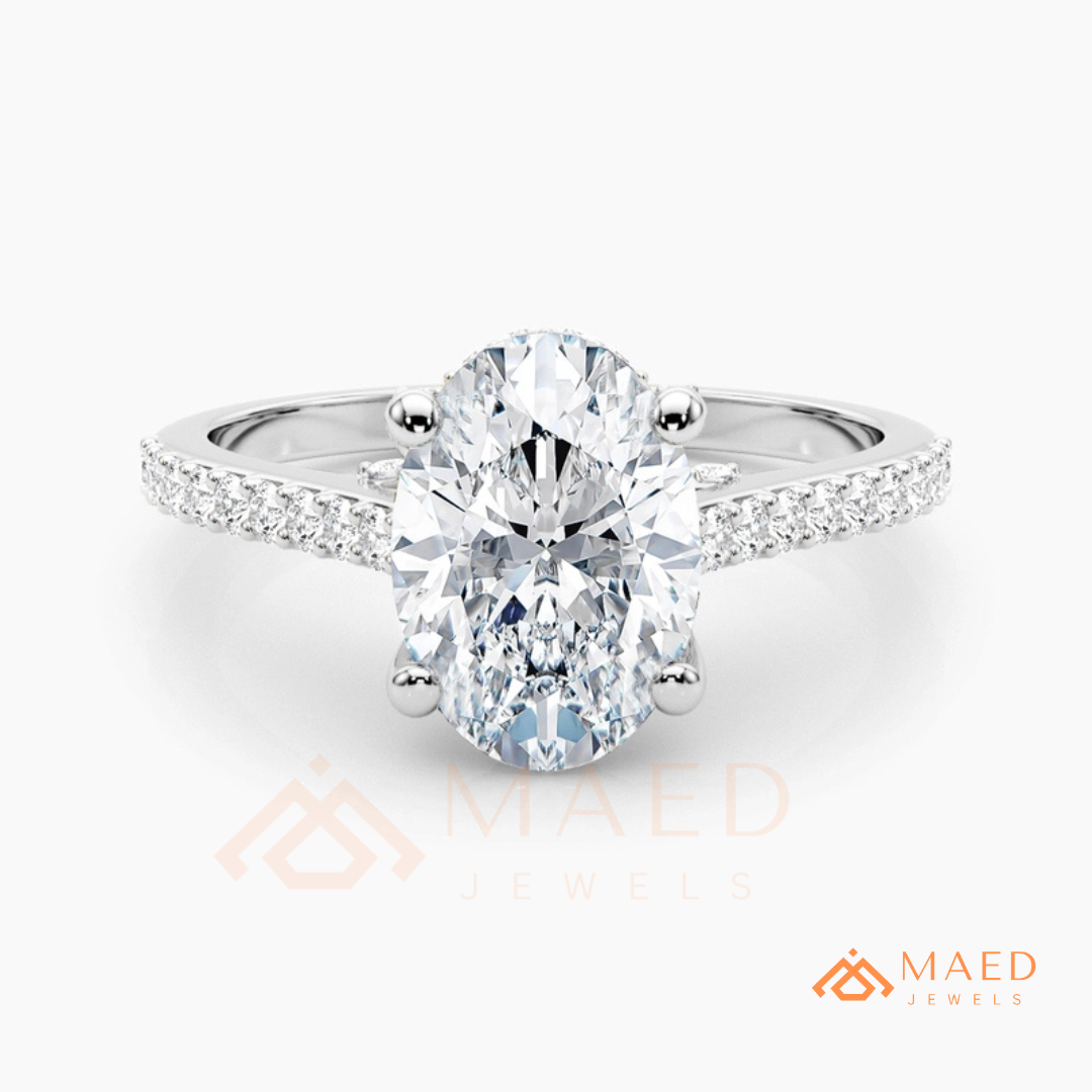 Oval Cut Engagement Ring with Pavé Diamond Band in 14K Gold, Rose Gold & Silver
