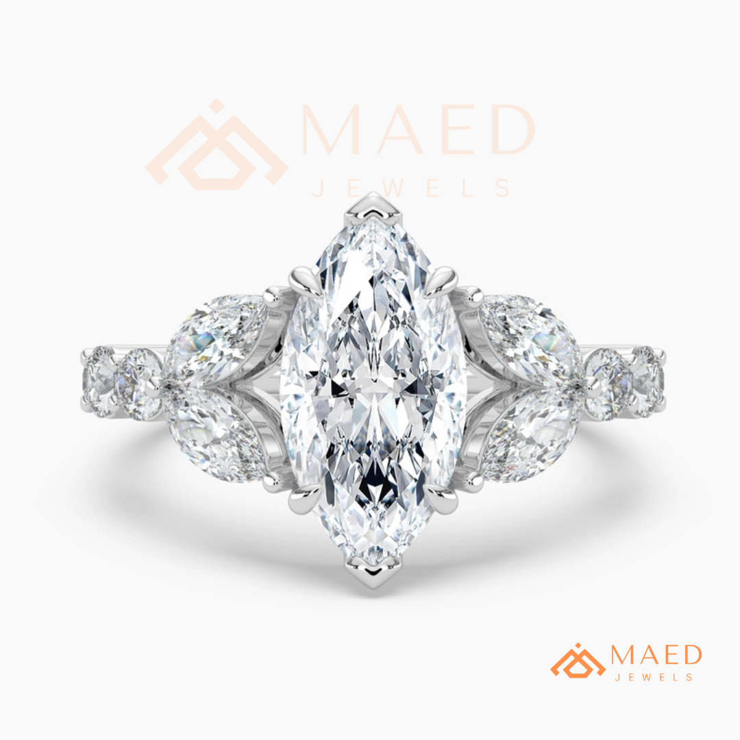 Marquise Cut Leaf Cluster Engagement Ring | 14k Gold, Rose Gold & Sterling Silver