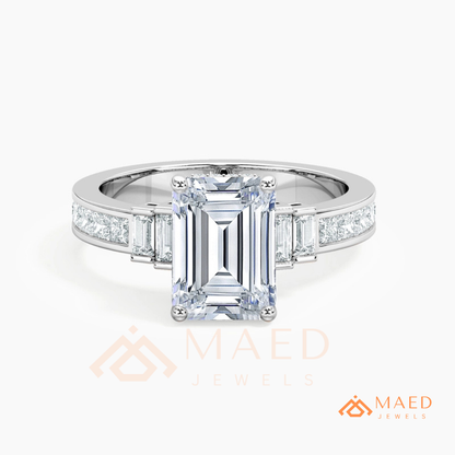 Emerald Cut Three-Stone Ring with Baguette and Channel Princess Band in Silver, 14K Gold, & 14K Rose Gold
