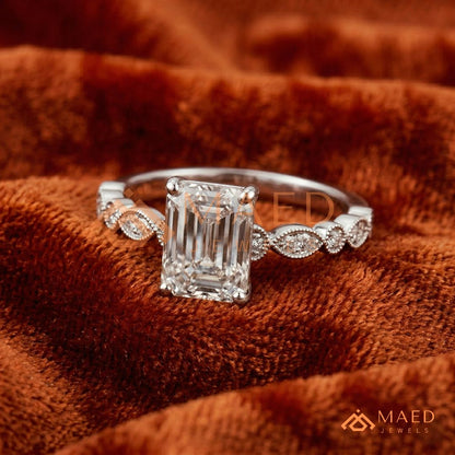 merald Cut Diamond Simulant Vintage Milgrain Ring (14k Gold & Sterling Silver)