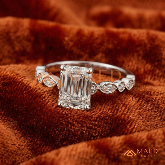 merald Cut Diamond Simulant Vintage Milgrain Ring (14k Gold & Sterling Silver)