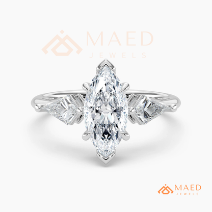 Marquise Cut Three Stone Ring with Kite Side Diamonds | 14k Gold, Rose Gold & Silver