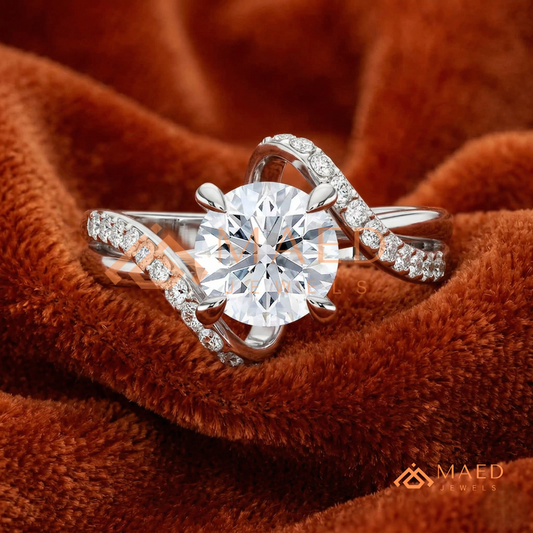 Round Cut Diamond Bypass Engagement Ring in Sterling Silver, 14K Gold & Rose Gold