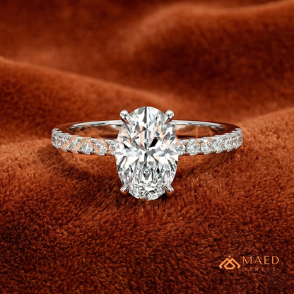 Oval Cut Engagement Ring with Pavé Band in Silver, 14K Gold, & 14K Rose Gold