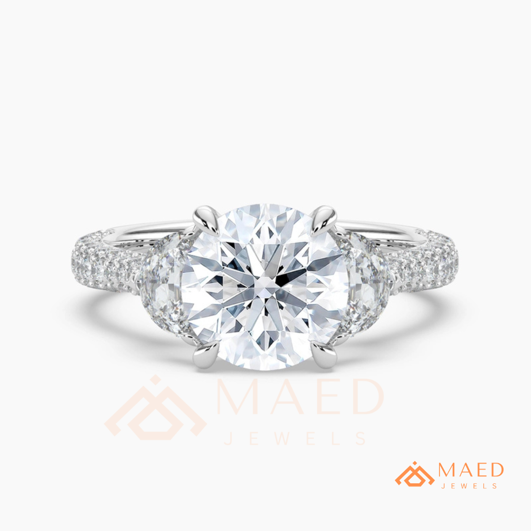 Round Brilliant and Half Moon Three Stone Ring | Multi-Row Pavé Band in 14k Gold & Silver