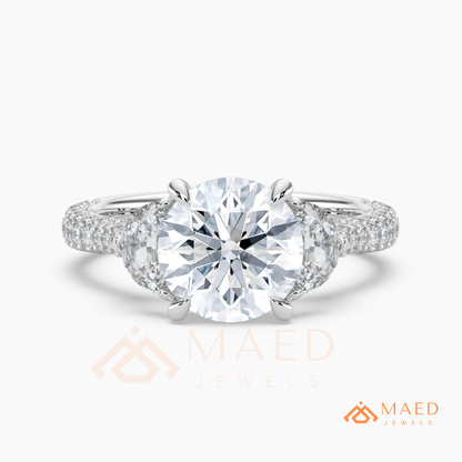 Round Brilliant and Half Moon Three Stone Ring | Multi-Row Pavé Band in 14k Gold & Silver