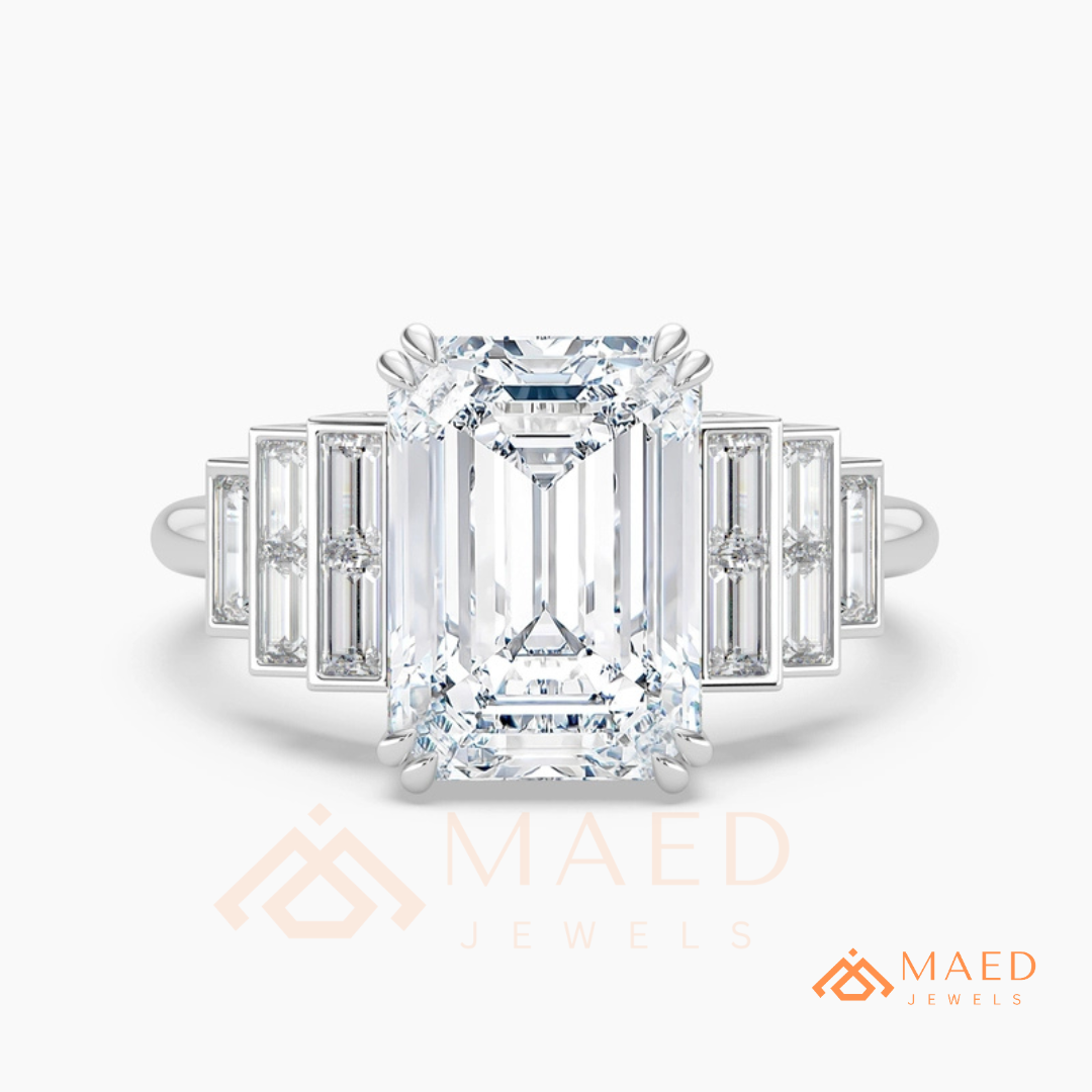 Radiant Cut Rectangular Halo Ring with Dome Triple-Row Pavé Band