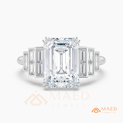 Radiant Cut Rectangular Halo Ring with Dome Triple-Row Pavé Band