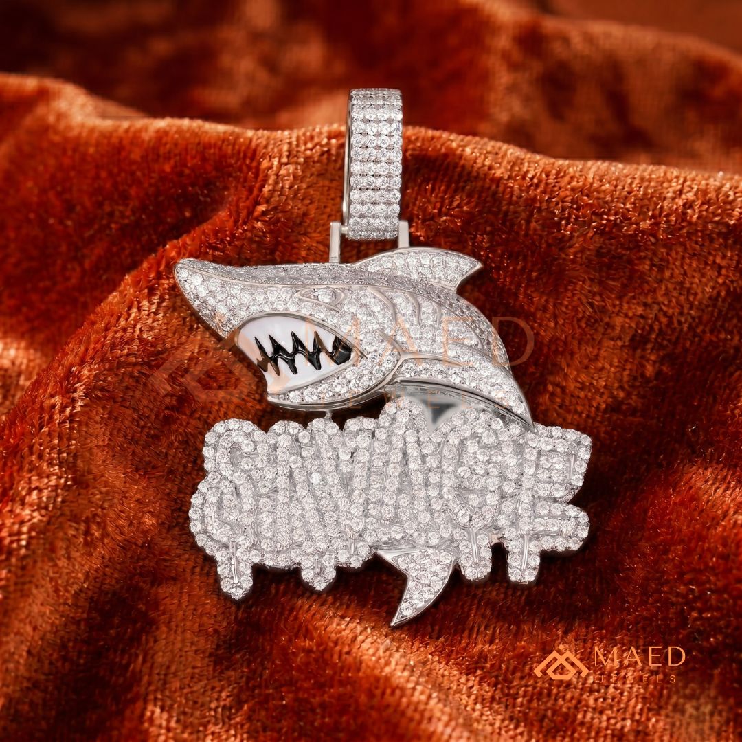 Iced-Out "SAVAGE" Shark Pendant – Micro-Pave Diamond Finish