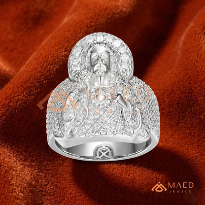 Men's Heavy Pave Crystal Jesus Portrait Ring in 925 Sterling Silver & 14K Gold Finish