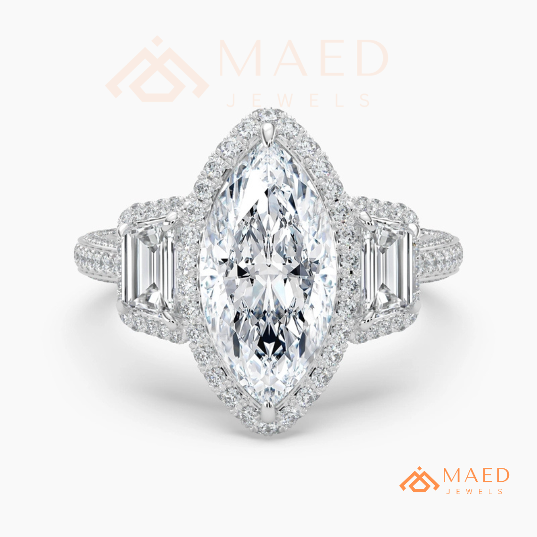 Vintage Marquise Cut 3-Stone Halo Ring with Triple-Row Pavé Band
