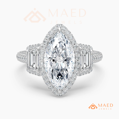 Vintage Marquise Cut 3-Stone Halo Ring with Triple-Row Pavé Band
