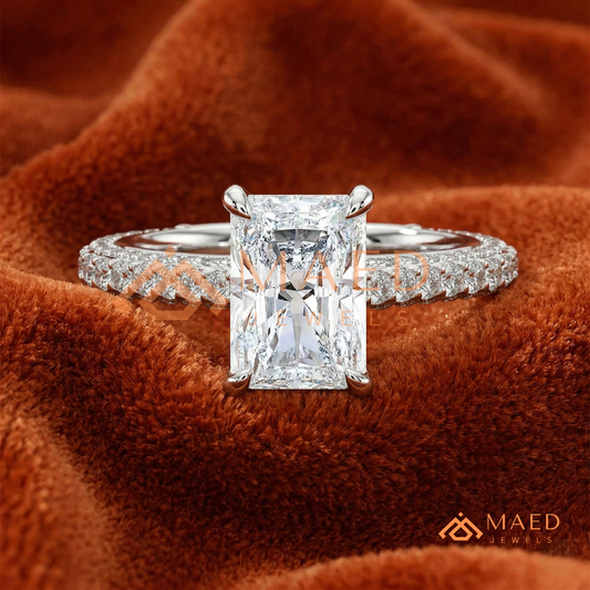 Radiant Cut Engagement Ring with Three-Row Pavé Band | 14k Gold, Rose Gold & Silver
