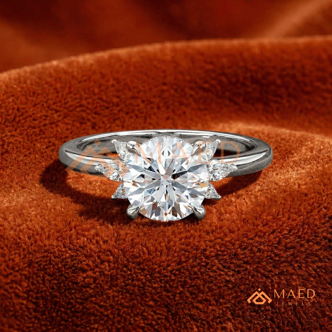 Round Brilliant Cut Ring with Marquise Floral Cluster | 14k Gold, Rose Gold & Silver