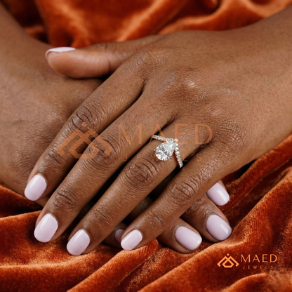 Pear Cut Chevron Engagement Ring with V-Shaped Pavé Band in Silver, 14K Gold, & 14K Rose Gold