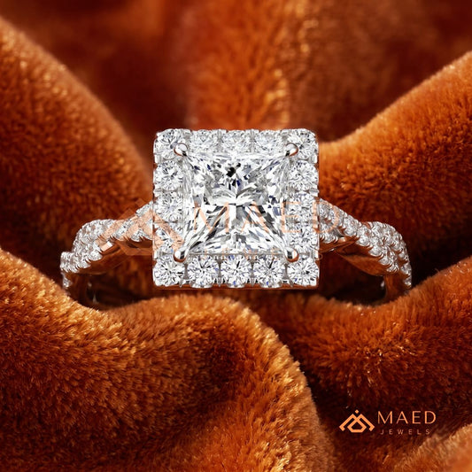Infinity Twist Princess Cut [Gemstone Type] Halo Ring in 14K Yellow Gold, Rose Gold & Silver