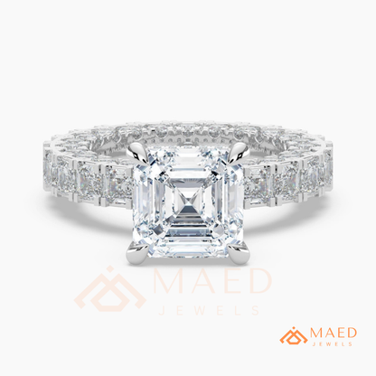 Classic Asscher Cut Solitaire Engagement Ring with Eternity Band Shank in Silver, 14K Gold & Rose Gold