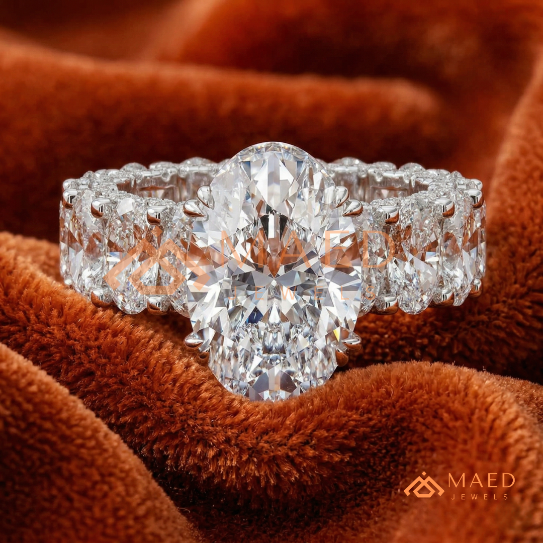 Elongated Oval Cut Engagement Ring with Full Oval Eternity Band | 14k Gold & Silver