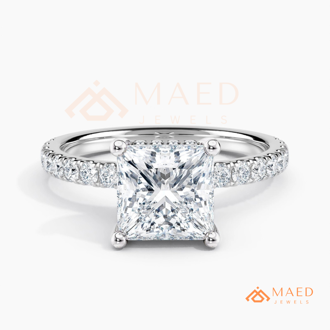 Classic Princess Cut Solitaire Engagement Ring with Hidden Halo and Pave Band in Silver, 14K Gold & Rose Gold