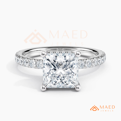 Classic Princess Cut Solitaire Engagement Ring with Hidden Halo and Pave Band in Silver, 14K Gold & Rose Gold