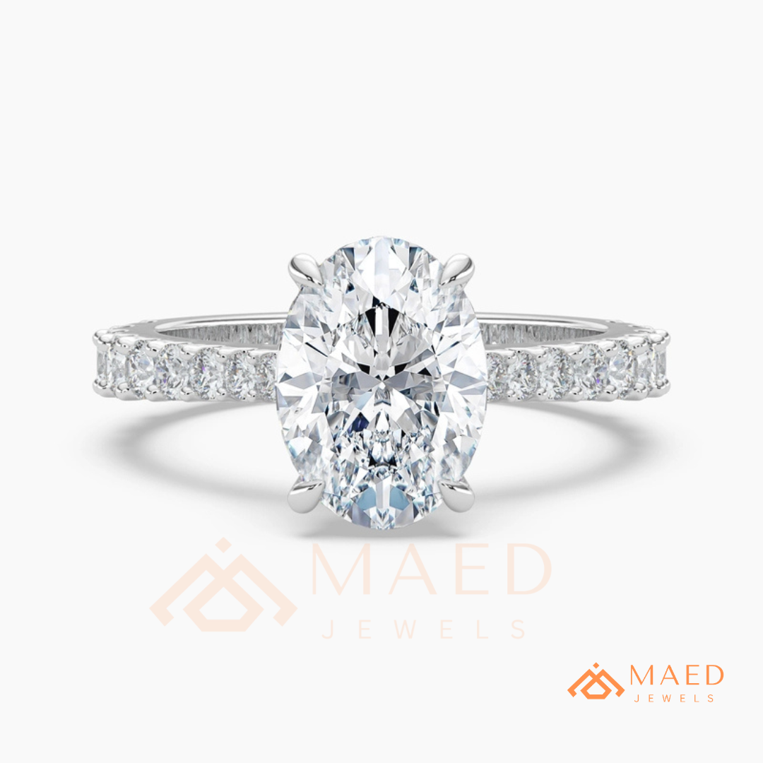 Oval Cut Engagement Ring with Shared Prong Band | 14k Gold, Rose Gold & Silver