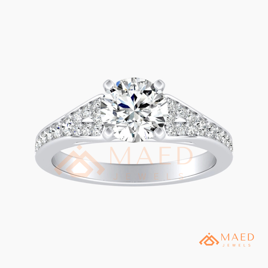 Round Cut Engagement Ring with Pavé Accents in 14K Gold, Rose Gold or Silver