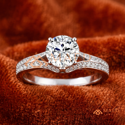 Round Brilliant Cut Split Shank Cathedral Engagement Ring in 14K Gold, Rose Gold & Silver | Vintage-Inspired Pave Accent Ring for Women