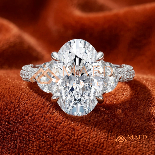 Oval Cut Engagement Ring with Half Moon Side Stones and Pavé Band in Silver, 14K Gold, & 14K Rose Gold