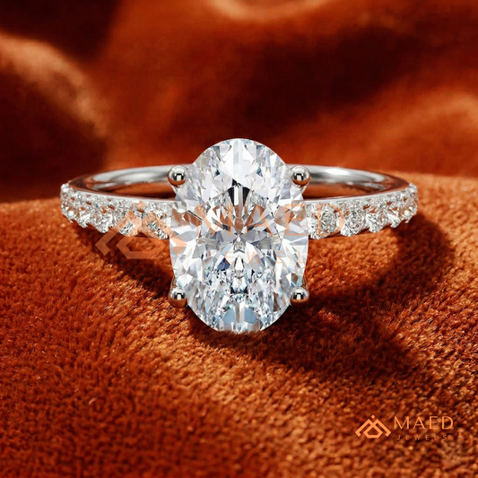 Oval Cut Engagement Ring with Pavé Band | Classic 4-Prong Promise Ring for Women | 14K Gold, Rose Gold & Sterling Silver