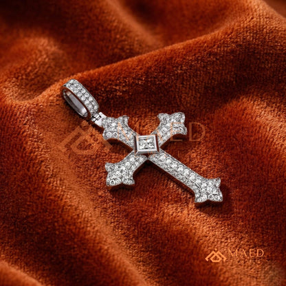 The Monarch Princess-Cut Cross | Royal Fleur-De-Lis Pave Crucifix Pendant