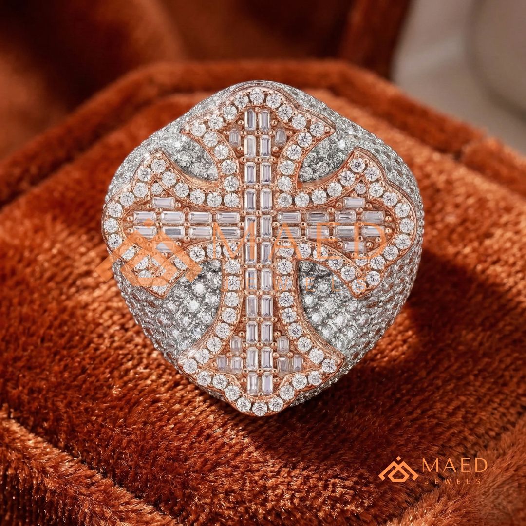 Heavy Iced-Out Baguette Cross Statement Ring – 925 Silver, 14K Gold & Rose Gold