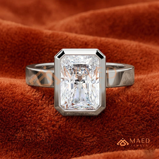 Radiant Cut Bezel Set Engagement Ring with Wide Flat Band in 14K Gold, Rose Gold & Silver