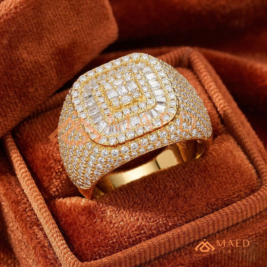 Heavy Multi-Row Baguette & Round Cluster Statement Ring – 14K Gold Wide Pinky Band