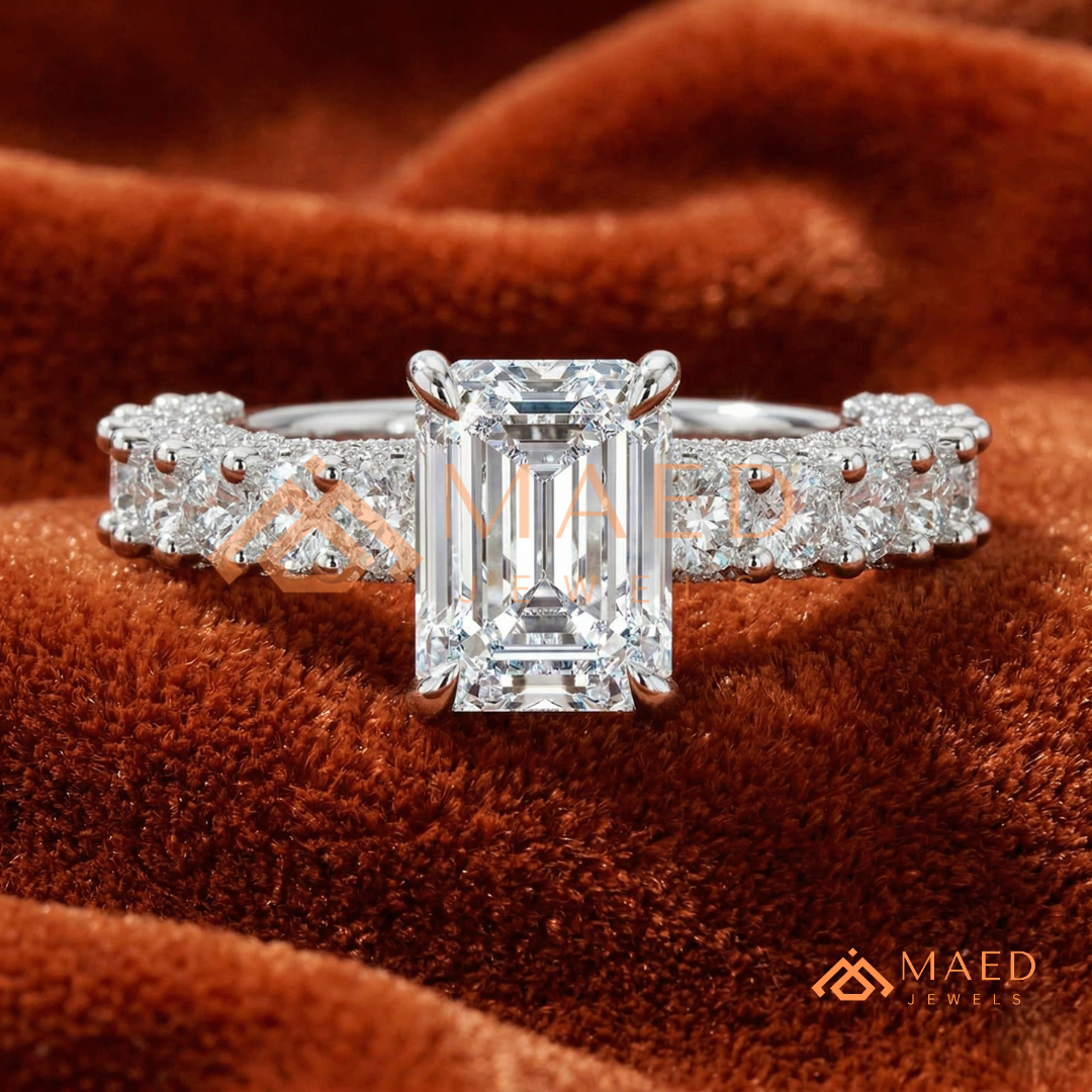 Emerald Cut Engagement Ring with Large Round Accent Band in Silver, 14K Gold, & 14K Rose Gold