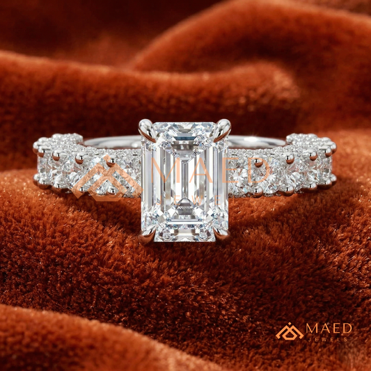 Emerald Cut Engagement Ring with Large Round Accent Band in Silver, 14K Gold, & 14K Rose Gold