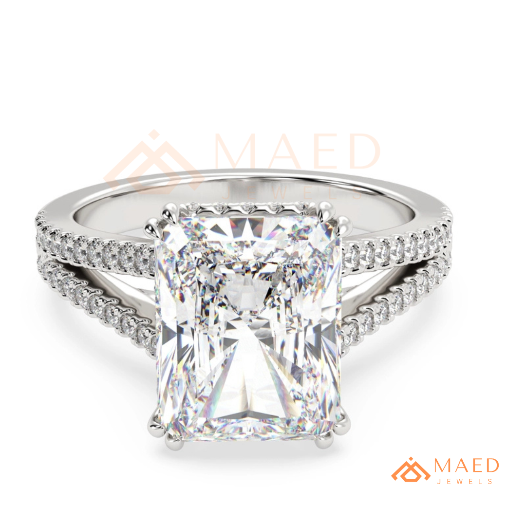 Radiant Cut Engagement Ring with Split Shank Pavé Band in Silver, 14K Gold, & 14K Rose Gold