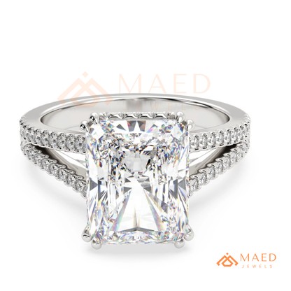 Radiant Cut Engagement Ring with Split Shank Pavé Band in Silver, 14K Gold, & 14K Rose Gold