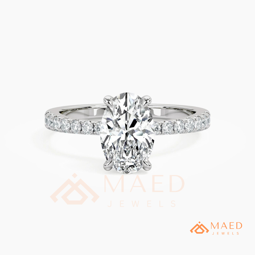 Oval Cut Engagement Ring with Pavé Band in Silver, 14K Gold, & 14K Rose Gold