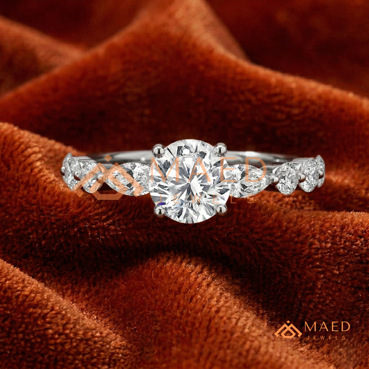 Round Cut Engagement Ring with Marquise Accents in Sterling Silver, 14K Gold & 14K Rose Gold