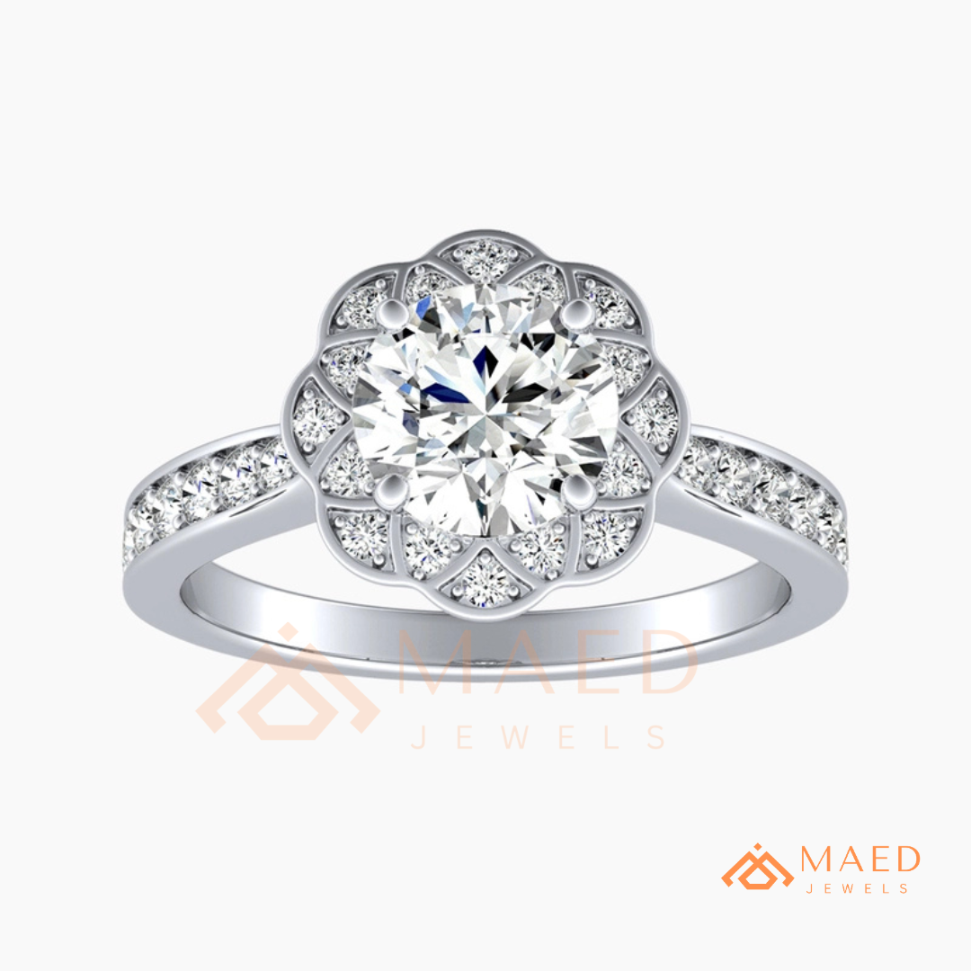 Round Cut Flower Halo Engagement Ring with Pave Band
