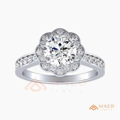 Round Cut Flower Halo Engagement Ring with Pave Band